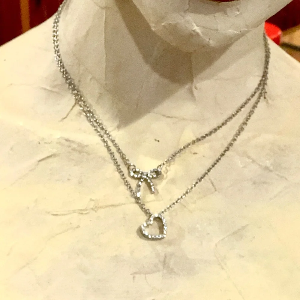 3/$32 Silver Tone Double Layered Rhinestone Heart & Bow Tie Dainty Necklace - Picture 7 of 8